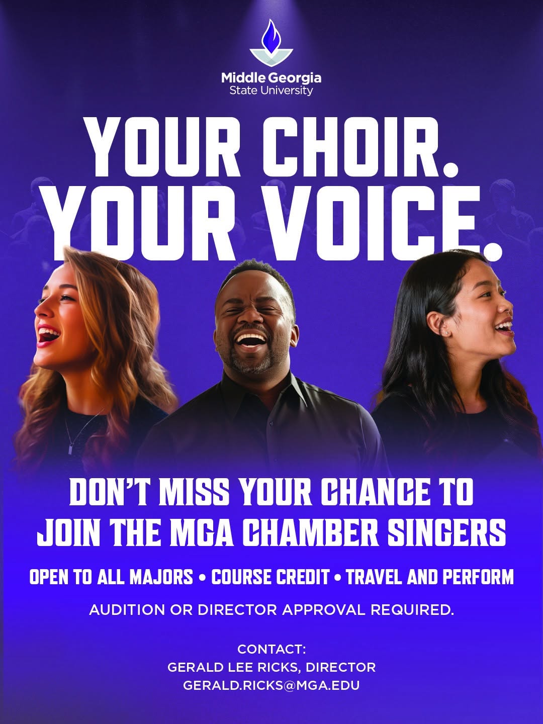 Promotional graphic for the MGA Chamber Singers featuring the text "YOUR CHOIR. YOUR VOICE." at the top, accompanied by photos of three smiling students singing. Below is text with details that match the event desciption.